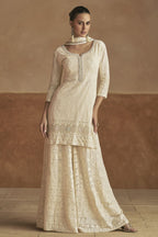Cream Georgette Thread Embroidery Latest Plazo Design for Wedding