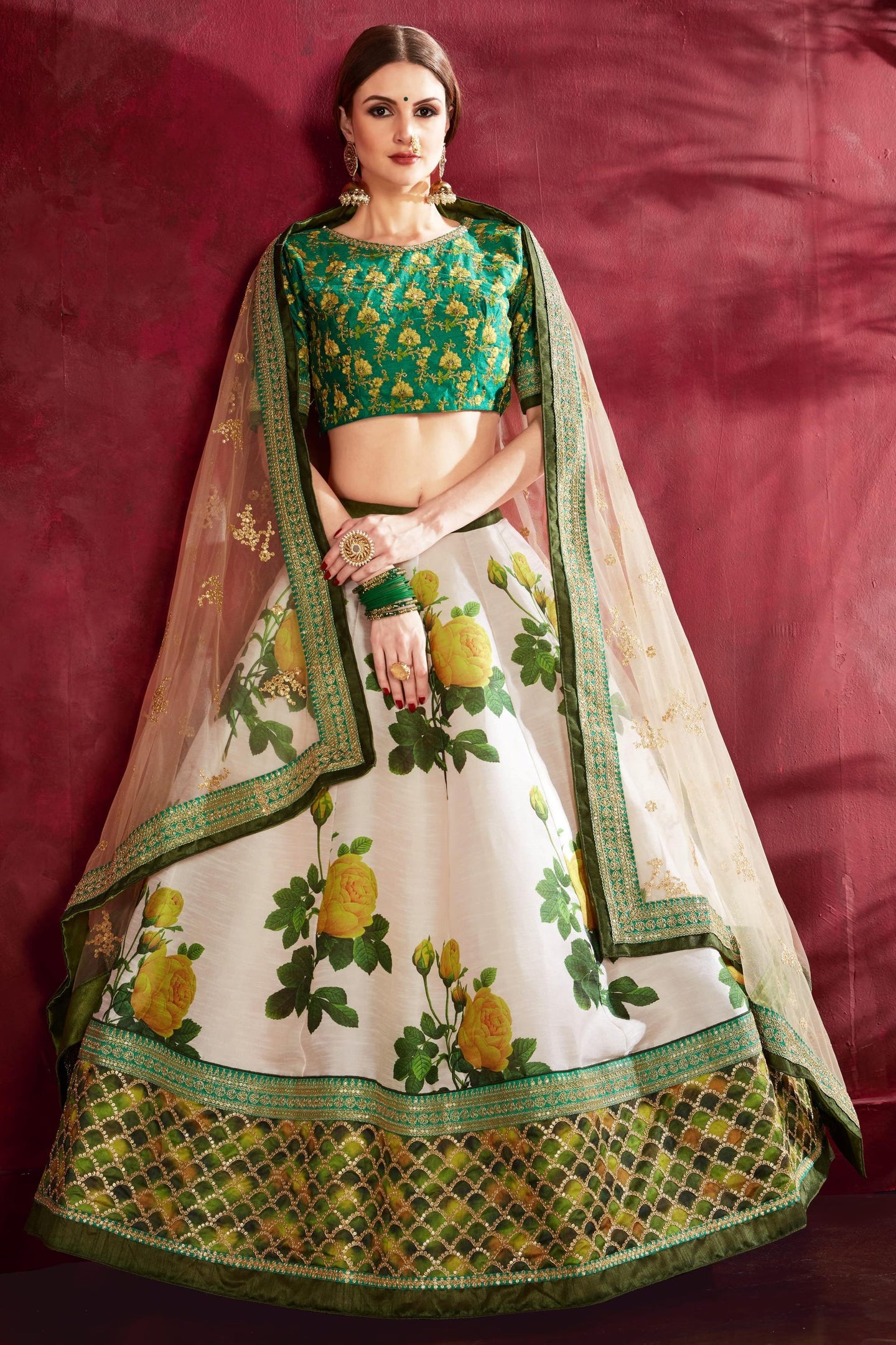 Cream Green Banglori Silk Flower Lehenga Choli For Indian & Pakistani Wedding Festival - Sequins & Thread Embroidery Work, Dori Work, Zari Work, Print Work