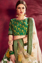 Cream Green Banglori Silk Flower Lehenga Choli For Indian & Pakistani Wedding Festival - Sequins & Thread Embroidery Work, Dori Work, Zari Work, Print Work