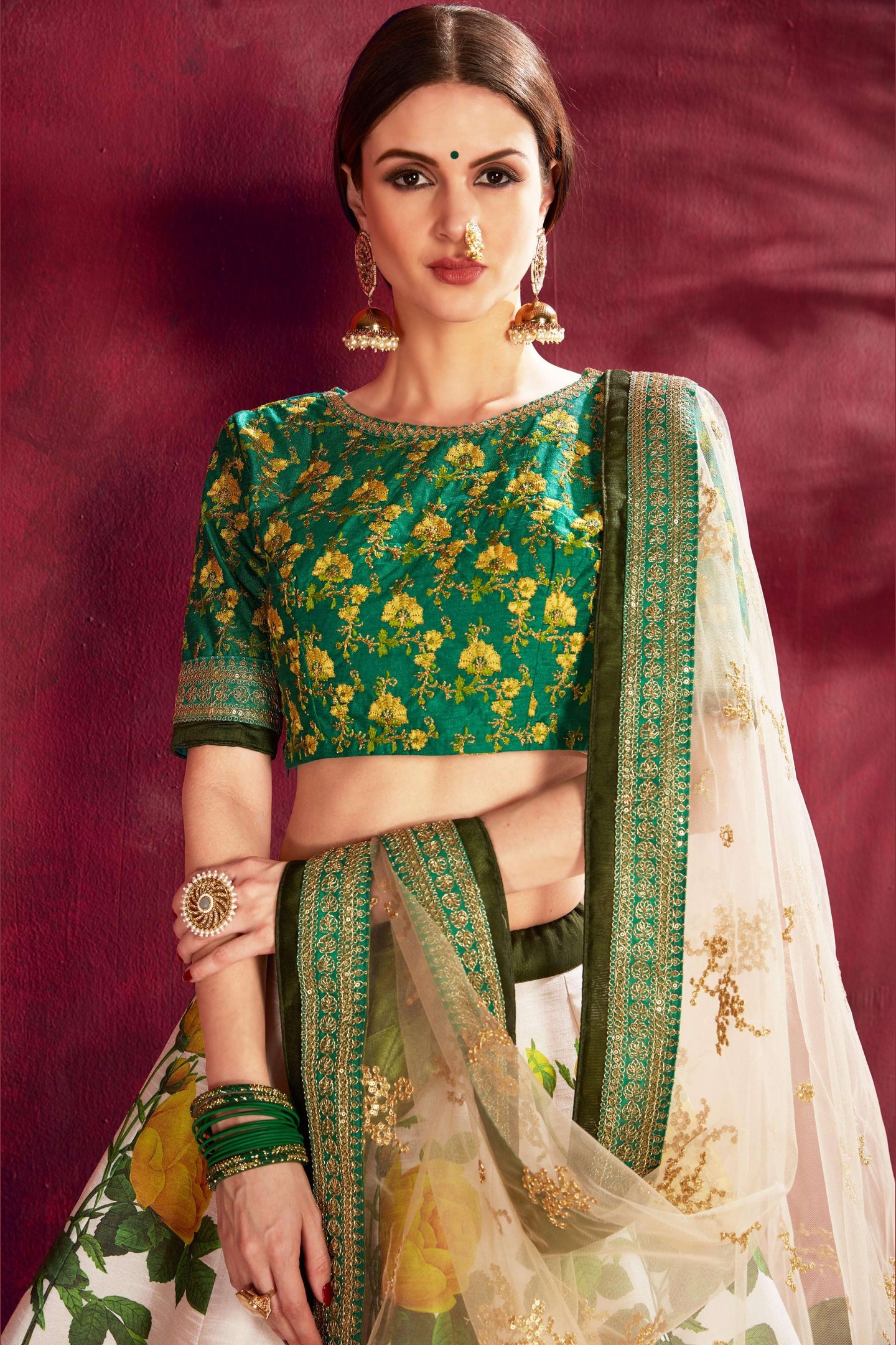 Cream Green Banglori Silk Flower Lehenga Choli For Indian & Pakistani Wedding Festival - Sequins & Thread Embroidery Work, Dori Work, Zari Work, Print Work