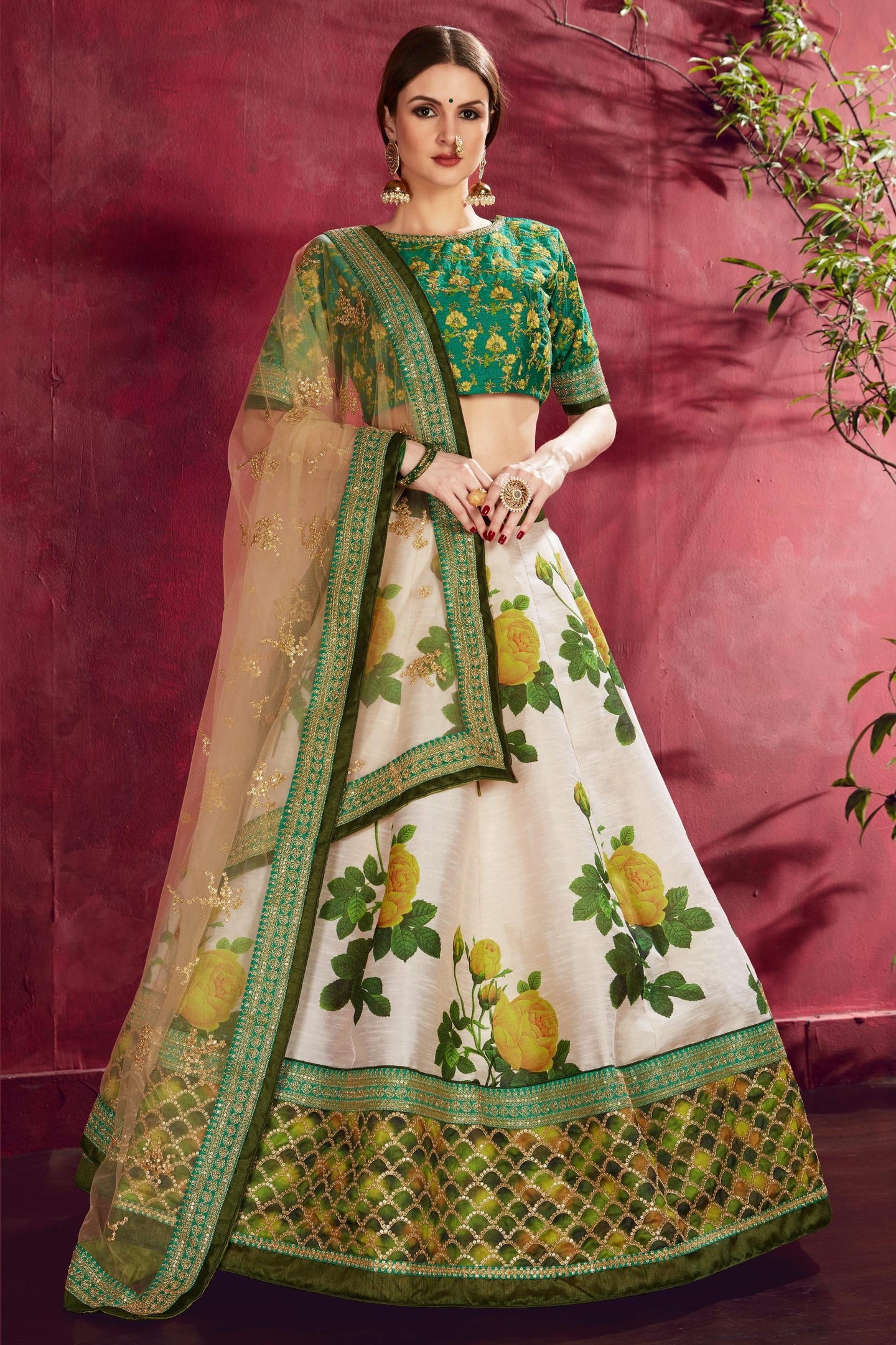Cream Green Banglori Silk Flower Lehenga Choli For Indian & Pakistani Wedding Festival - Sequins & Thread Embroidery Work, Dori Work, Zari Work, Print Work