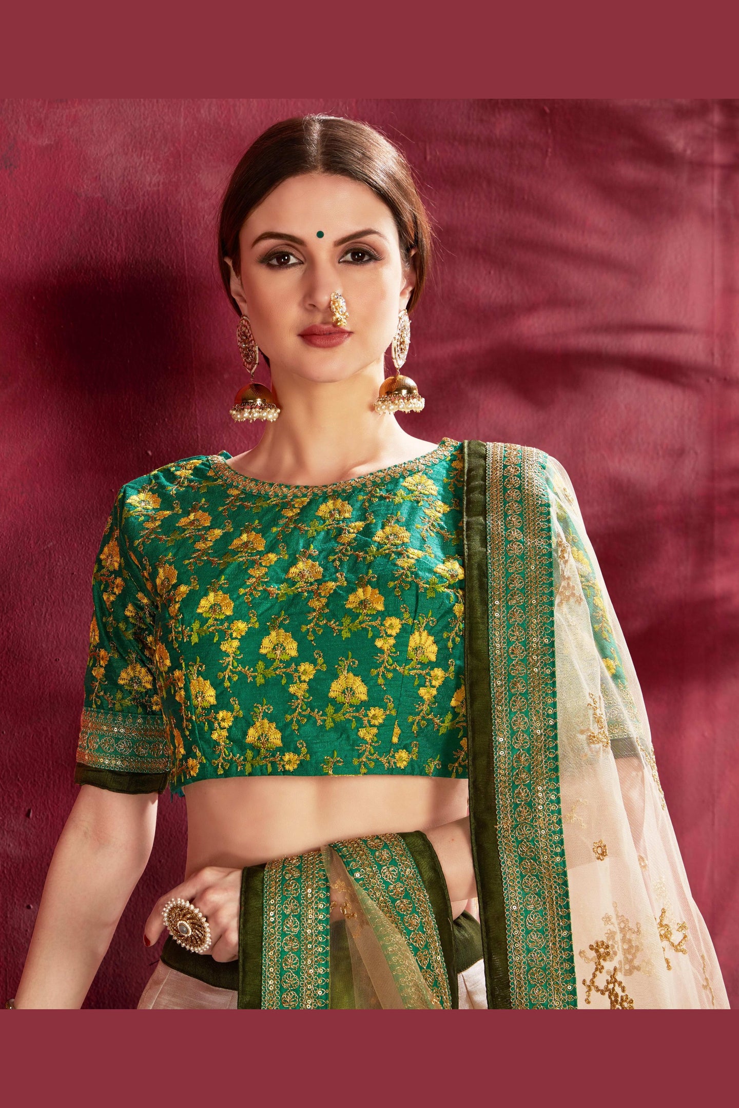 Cream Green Banglori Silk Flower Lehenga Choli For Indian & Pakistani Wedding Festival - Sequins & Thread Embroidery Work, Dori Work, Zari Work, Print Work