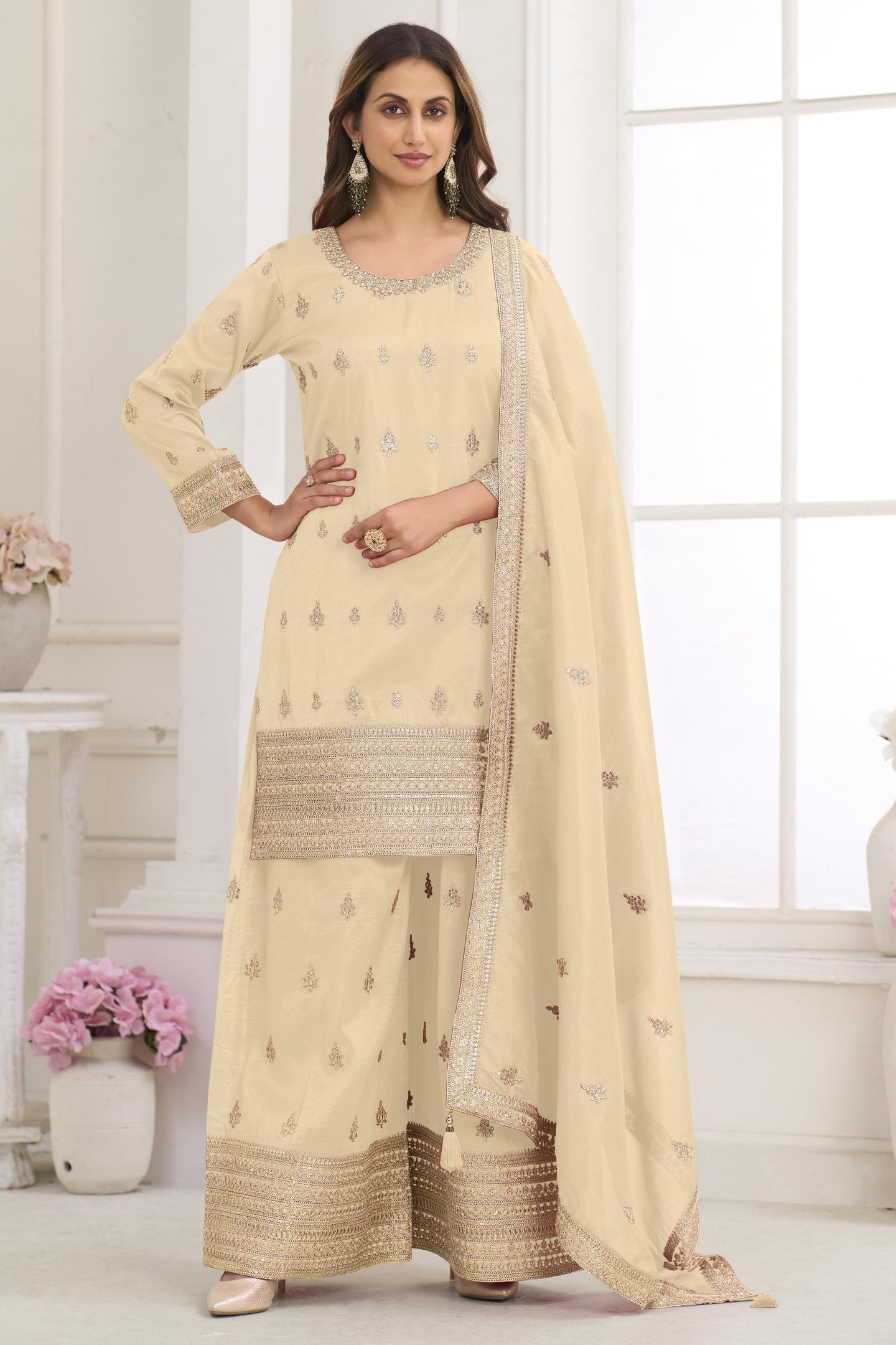 Cream Indian Wedding Wear Palazzo Suit in Simmer Silk & Embroidery Work