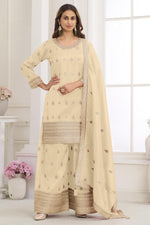 Cream Indian Wedding Wear Palazzo Suit in Simmer Silk & Embroidery Work