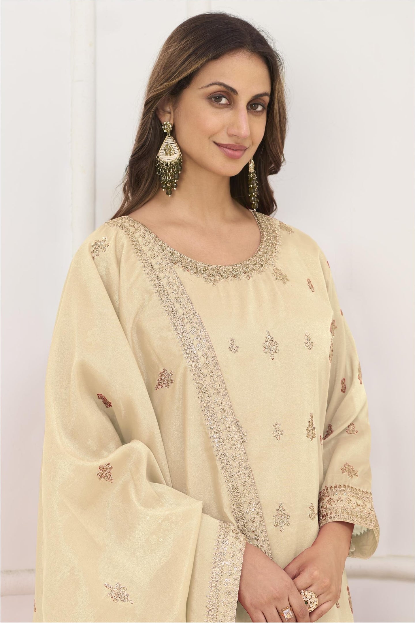Cream Indian Wedding Wear Palazzo Suit in Simmer Silk & Embroidery Work