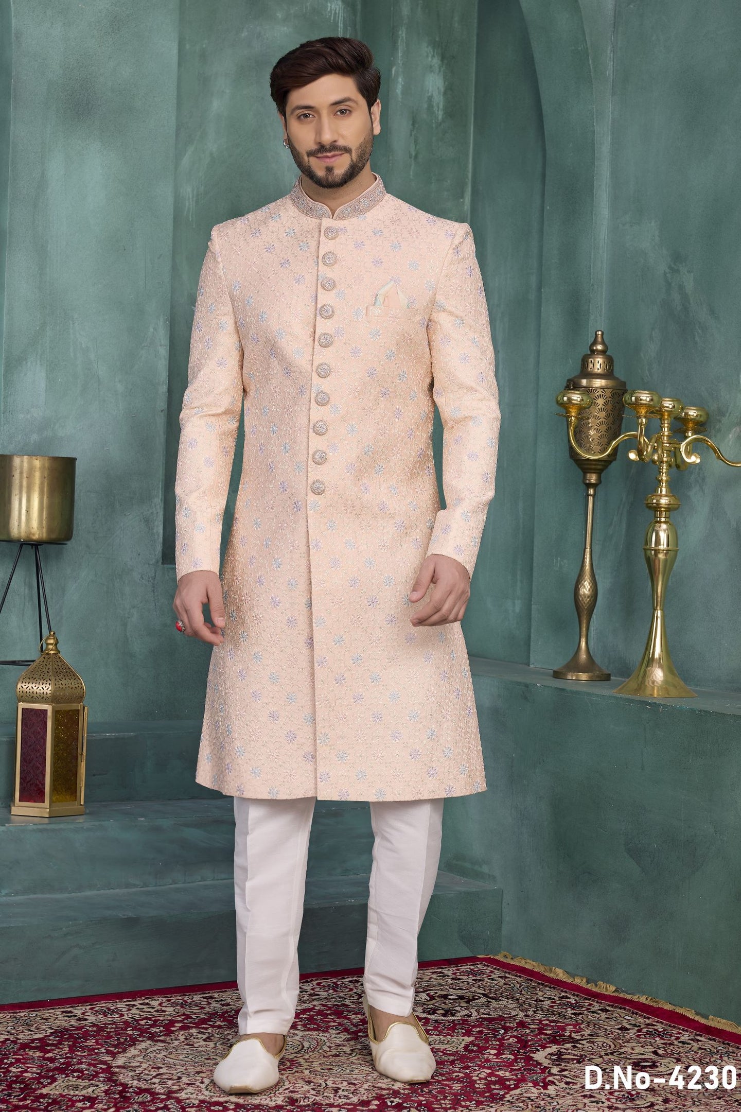 Peach Art Silk Thread Work Sherwani Kurta Pyjama for Men