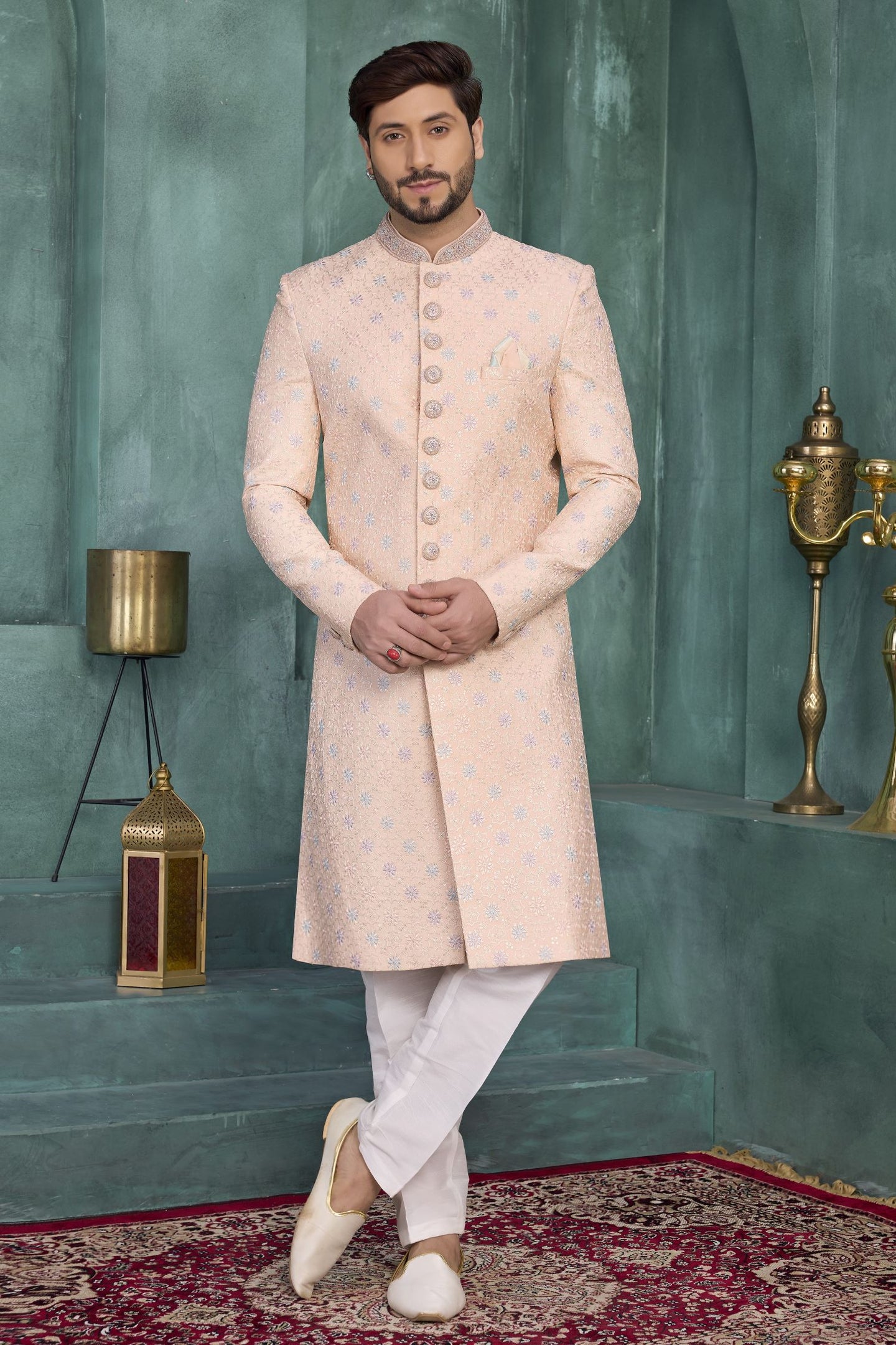 Peach Art Silk Thread Work Sherwani Kurta Pyjama for Men