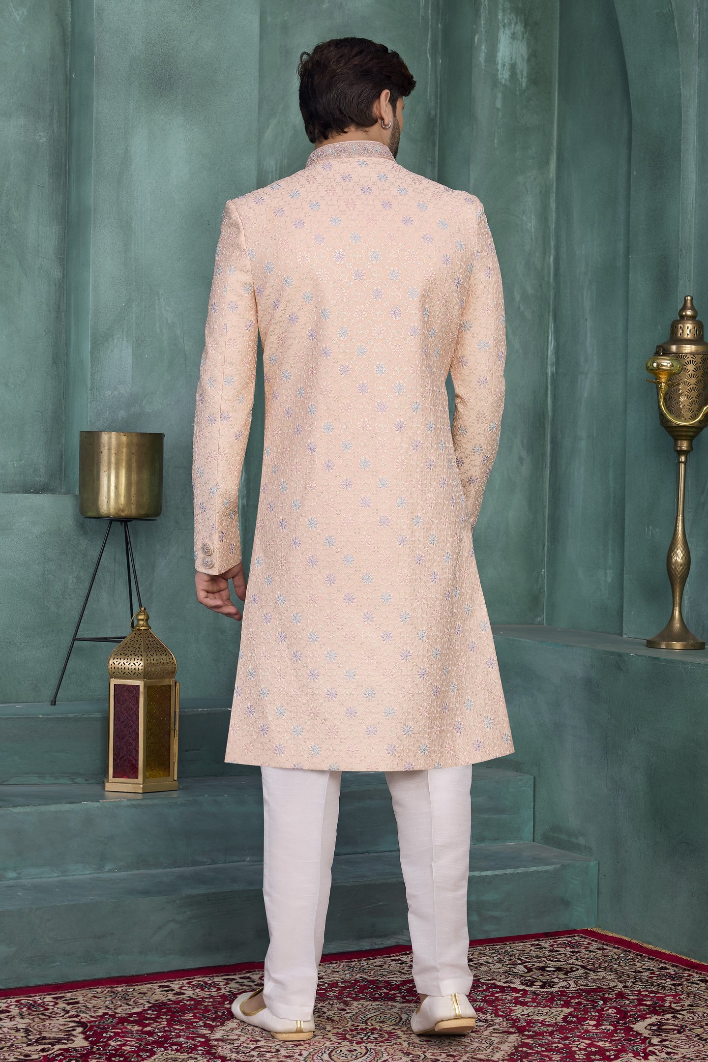 Peach Art Silk Thread Work Sherwani Kurta Pyjama for Men