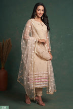 Cream Net Indian Ethnic Wear Kameez with Pant