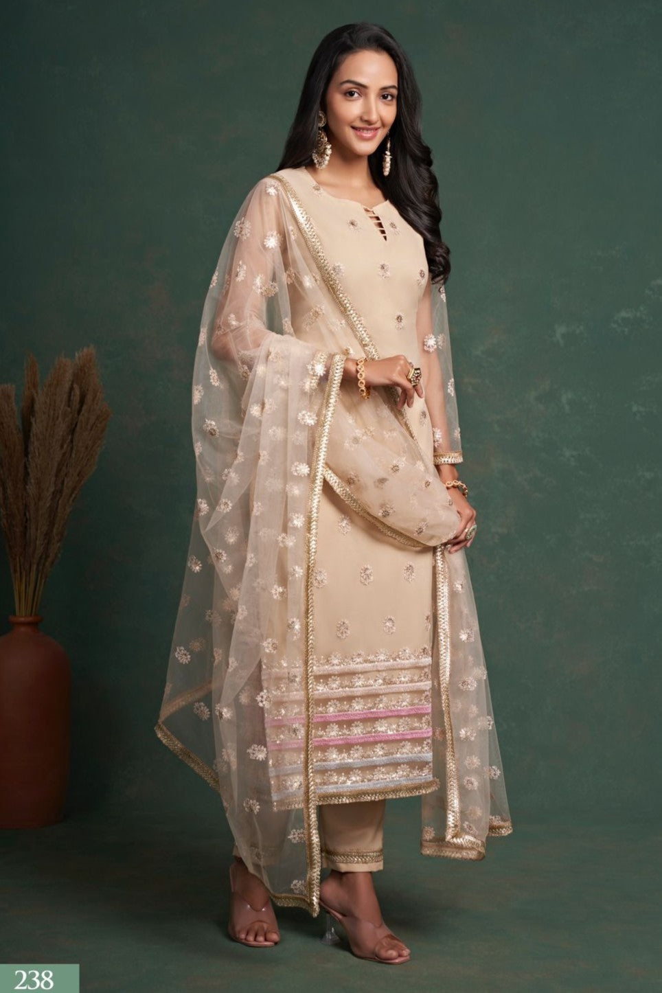 Cream Net Indian Ethnic Wear Kameez with Pant