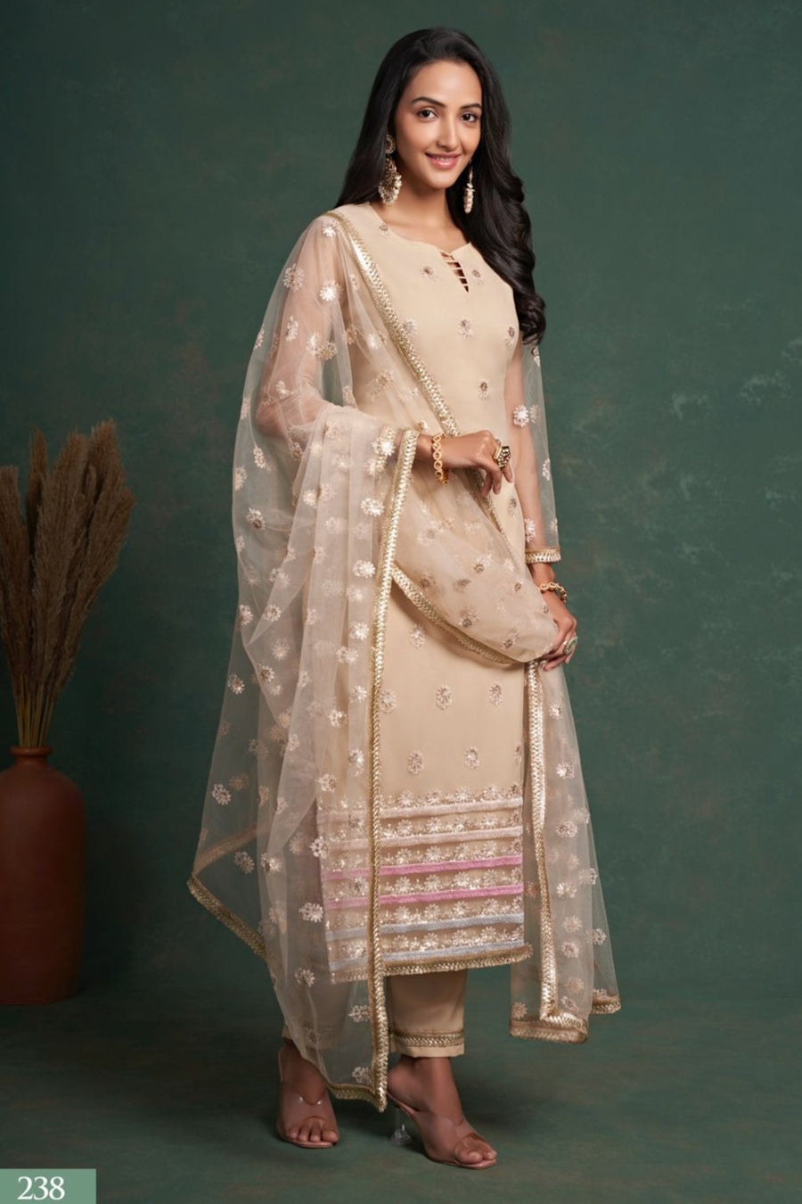 Cream Net Indian Ethnic Wear Kameez with Pant