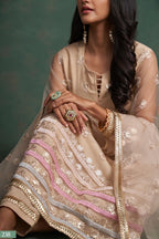 Cream Net Indian Ethnic Wear Kameez with Pant