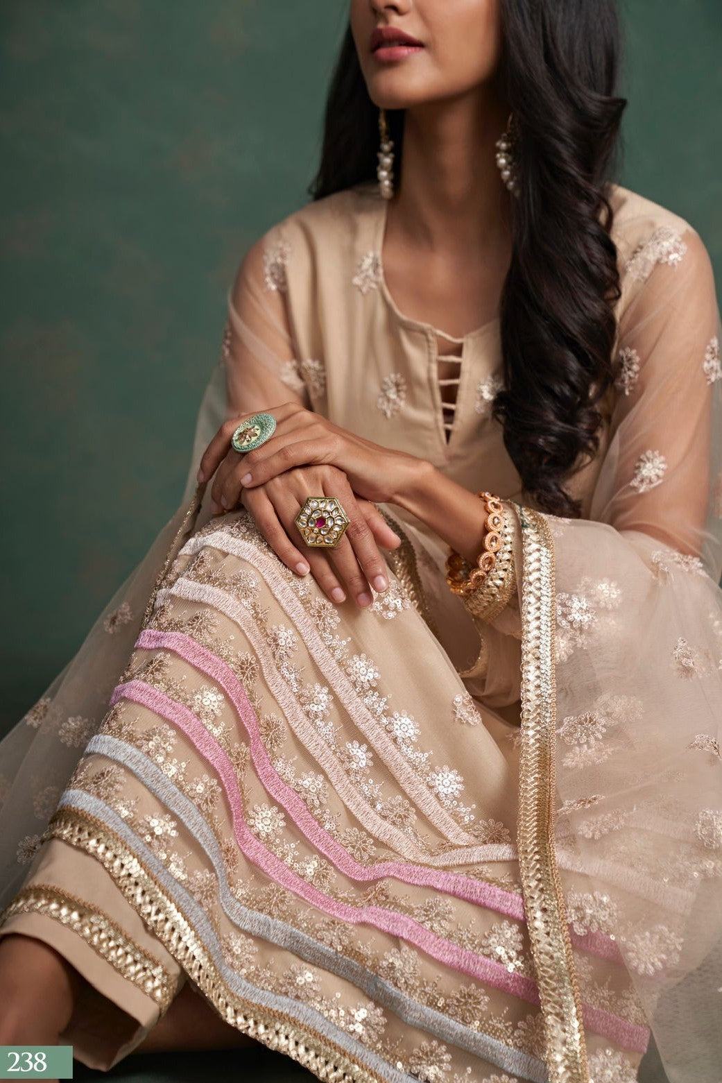 Cream Net Indian Ethnic Wear Kameez with Pant