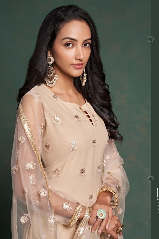 Cream Net Indian Ethnic Wear Kameez with Pant