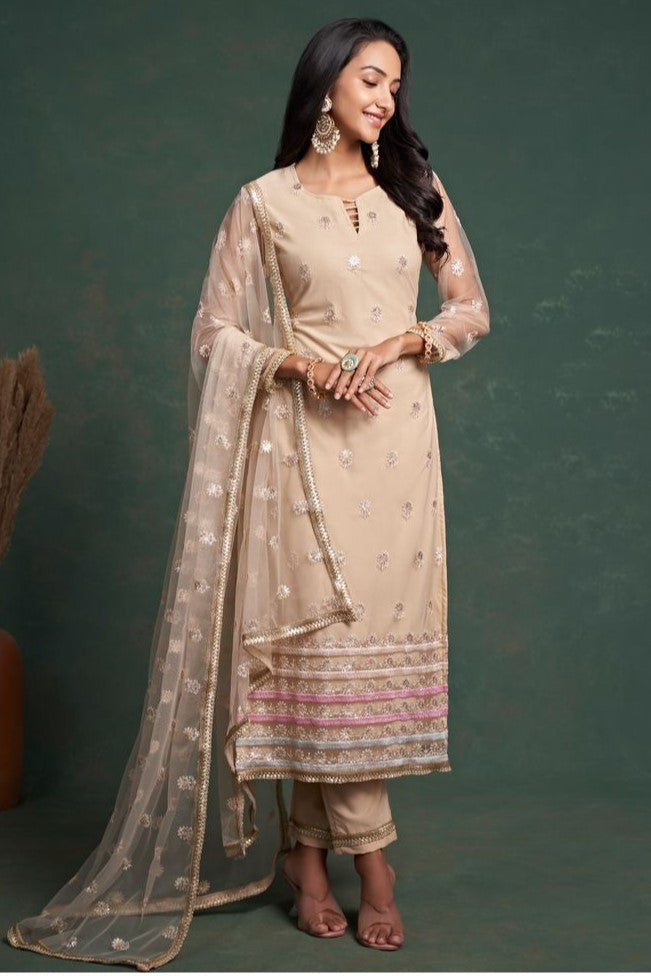 Cream Net Indian Ethnic Wear Kameez with Pant