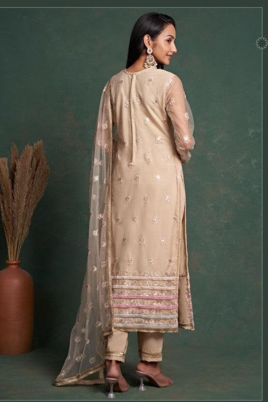 Cream Net Indian Ethnic Wear Kameez with Pant