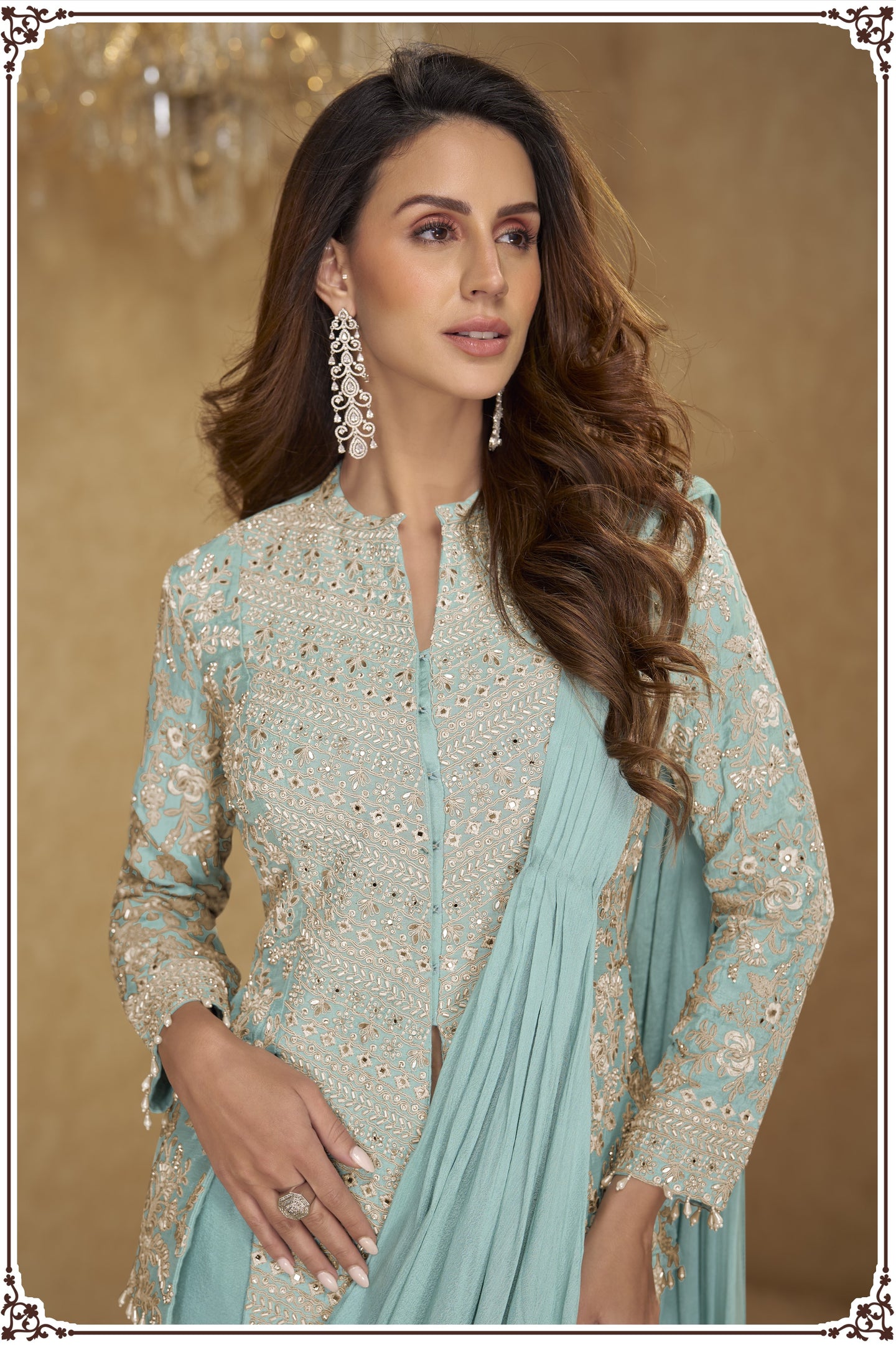 Firozi Chinon Silk Jacket with Draped Saree with Thread and Sequins Work