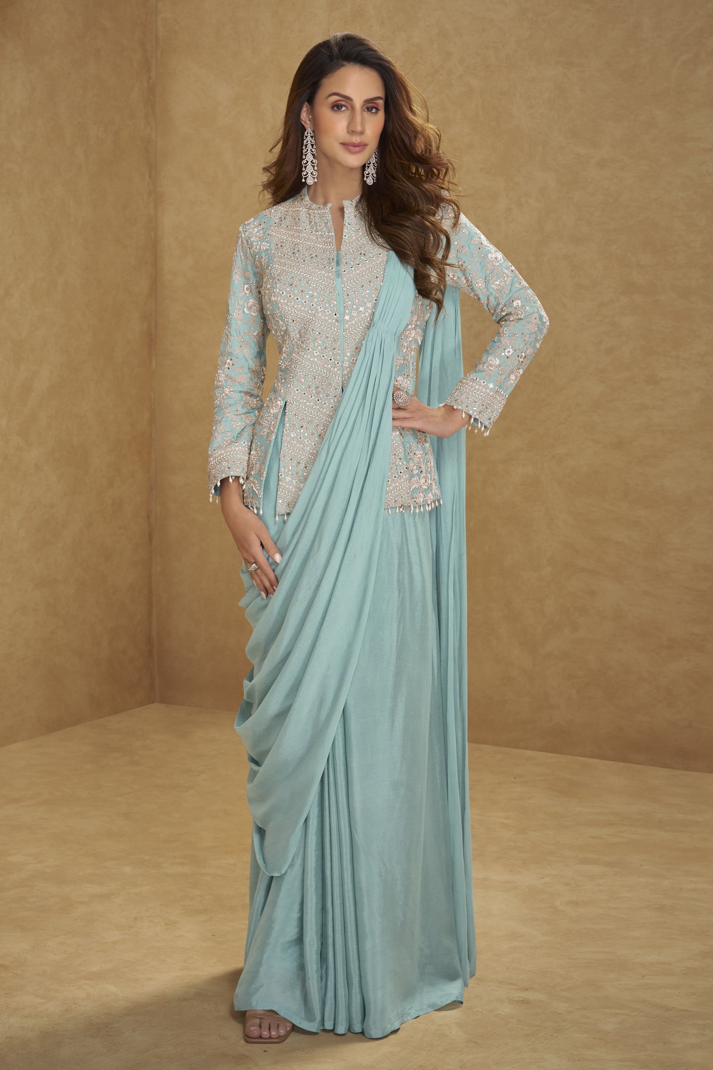 Firozi Chinon Silk Jacket with Draped Saree with Thread and Sequins Work
