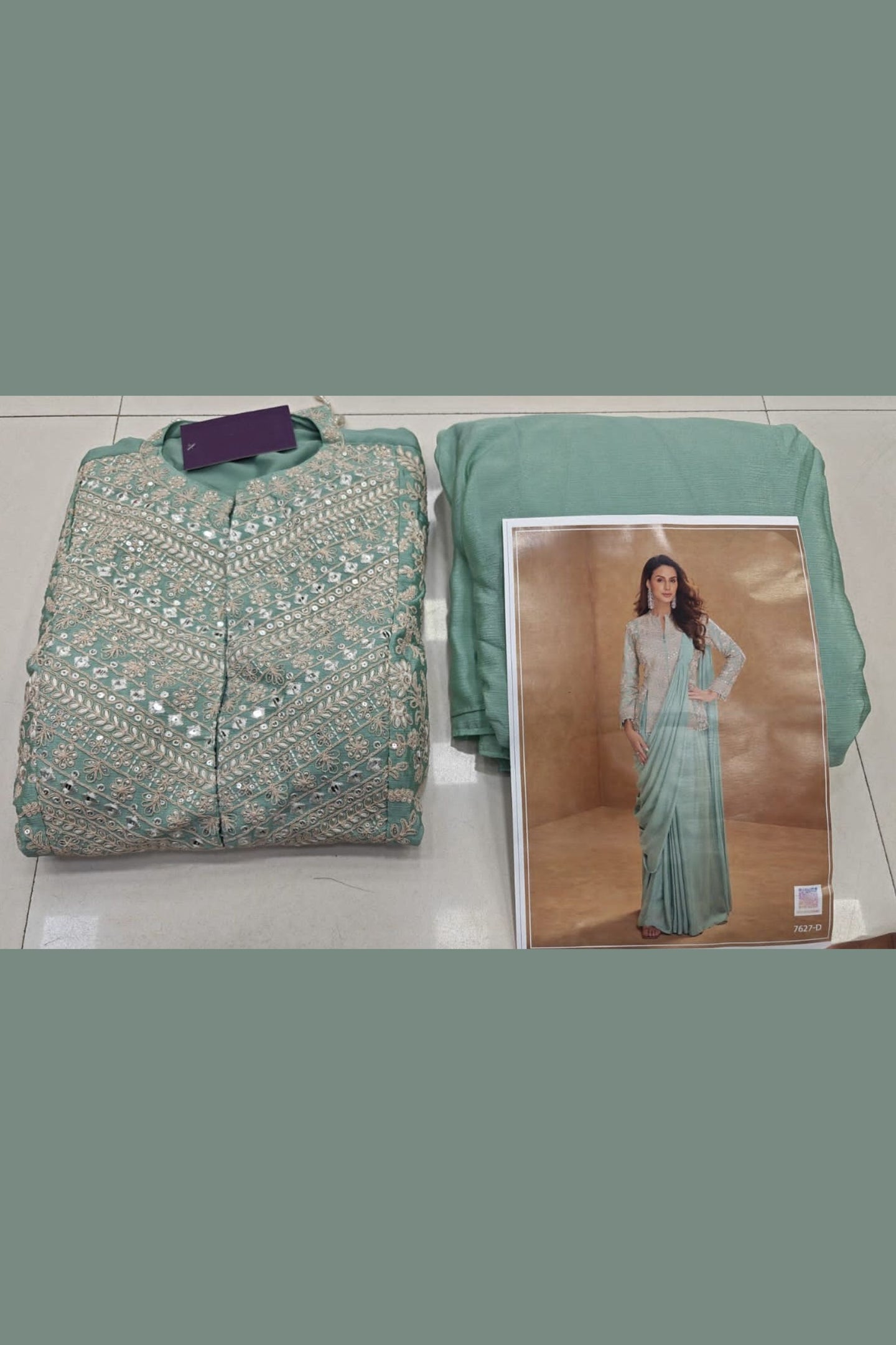 Cyan Blue Chinon Silk Jacket with Draped Saree - Thread & Sequins Work
