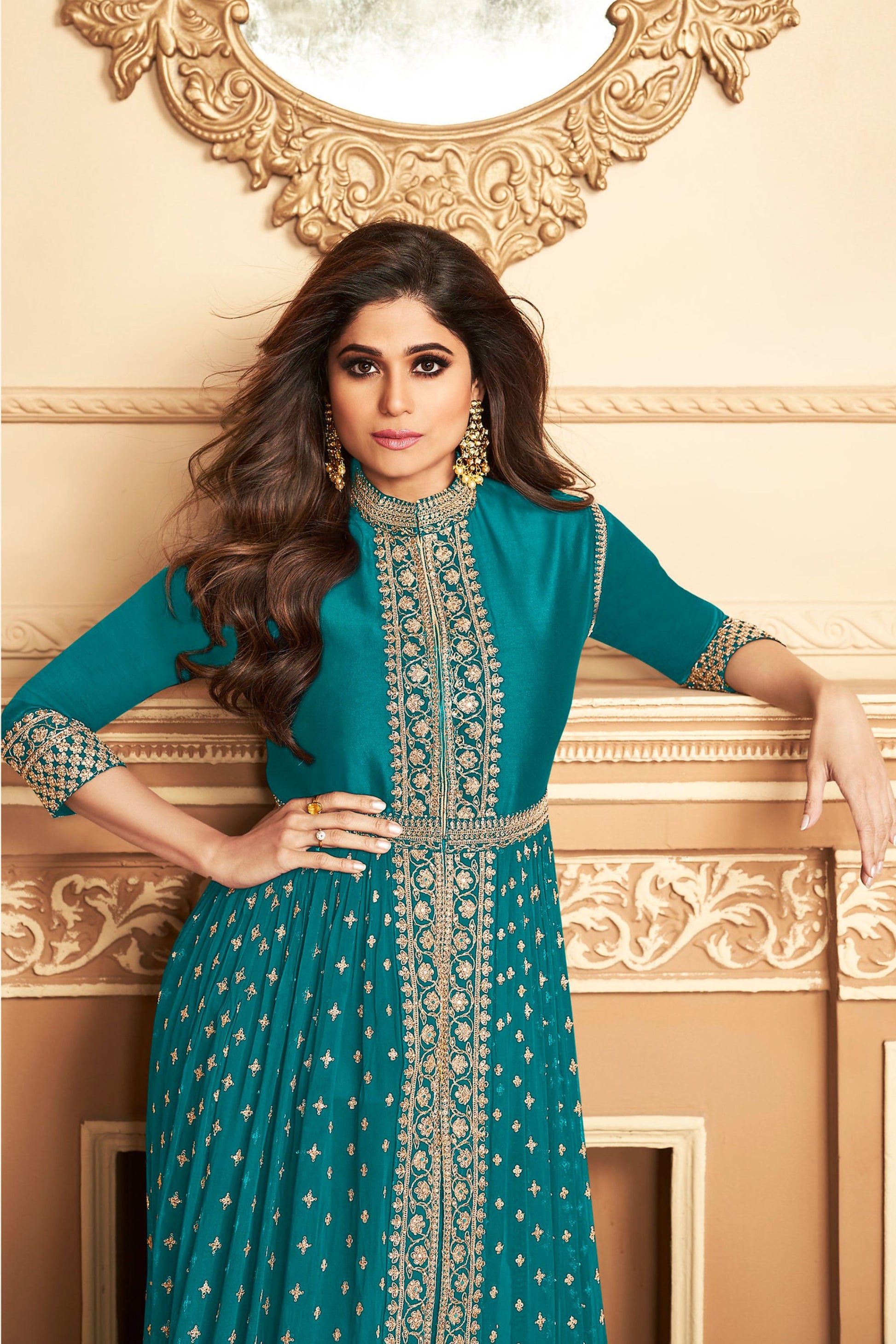 Cyan Georgette Anarkali Gown For Indian Festivals & Pakistani Weddings Dress - Sequence Embroidery Work, Stone work