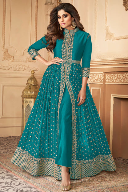 Cyan Georgette Anarkali Gown For Indian Festivals & Pakistani Weddings Dress - Sequence Embroidery Work, Stone work