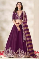 Wine Purple Reception Lehenga & Deep Neckline Choli with Embroidery