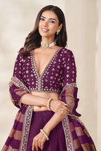 Wine Purple indian wedding lehenga, close-up of the lehenga skirt embroidery and sequin work, featuring thread and sequins embroidery work on art silk with viscose dupatta.