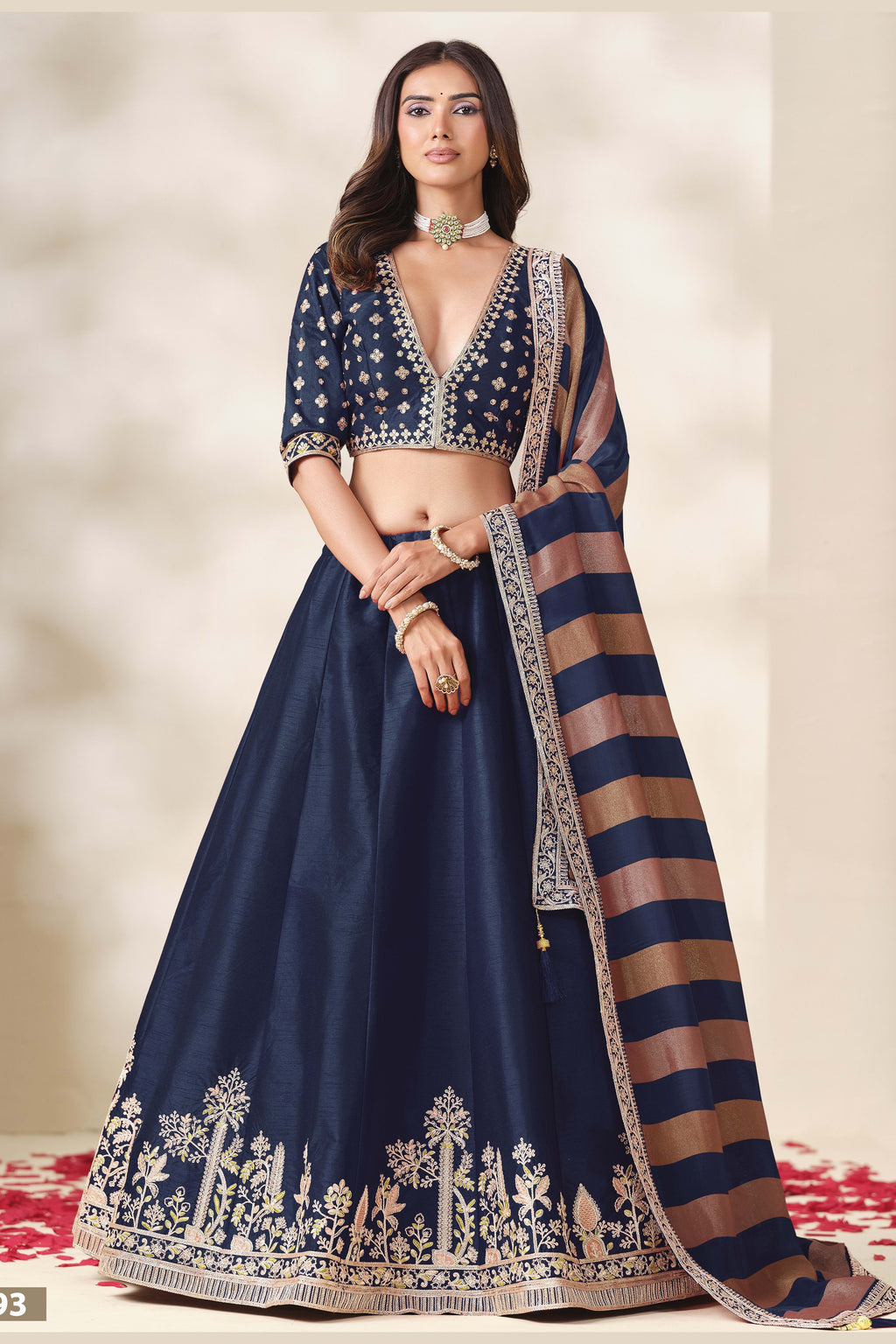 Navy Blue wedding guest lehenga, shown in a full front view, featuring thread and sequins embroidery work on art silk with viscose dupatta.