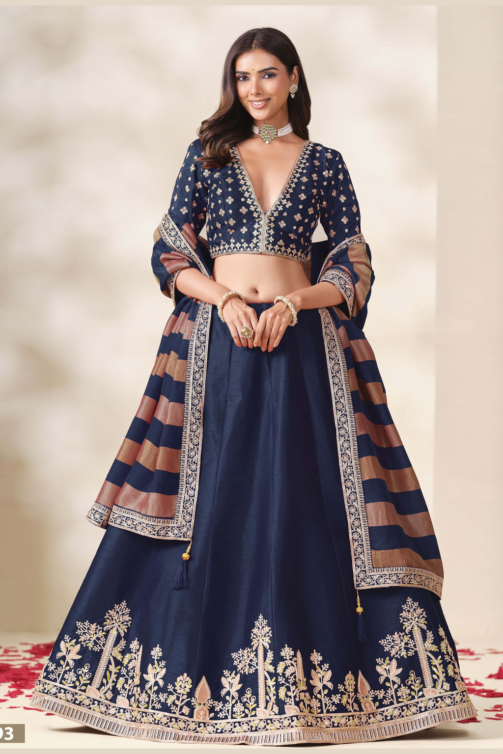 Navy Blue bridesmaid lehenga, shown in a three-quarter front view, featuring thread and sequins embroidery work on art silk with viscose dupatta.