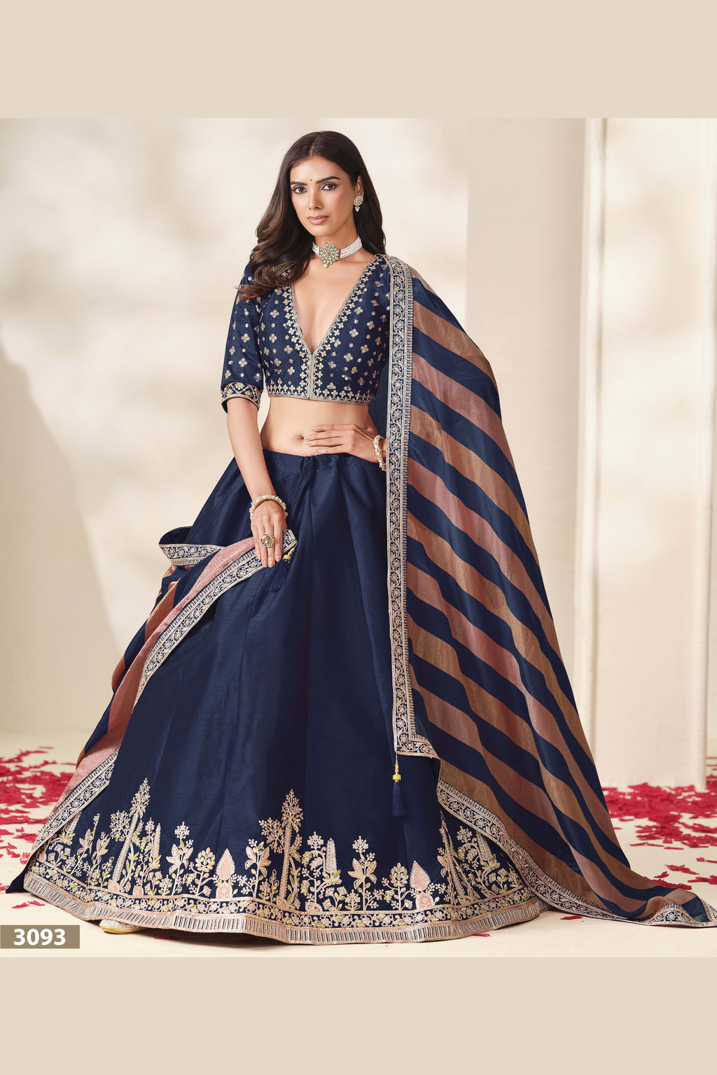 Navy Blue engagement lehenga, close-up of the blouse and choli embroidery detailing, featuring thread and sequins embroidery work on art silk with viscose dupatta.