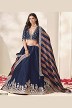 Navy Blue engagement lehenga, close-up of the blouse and choli embroidery detailing, featuring thread and sequins embroidery work on art silk with viscose dupatta.