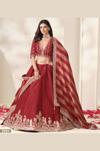 Red lehenga for diwali, close-up of the blouse and choli embroidery detailing, featuring thread and sequins embroidery work on art silk with viscose dupatta.