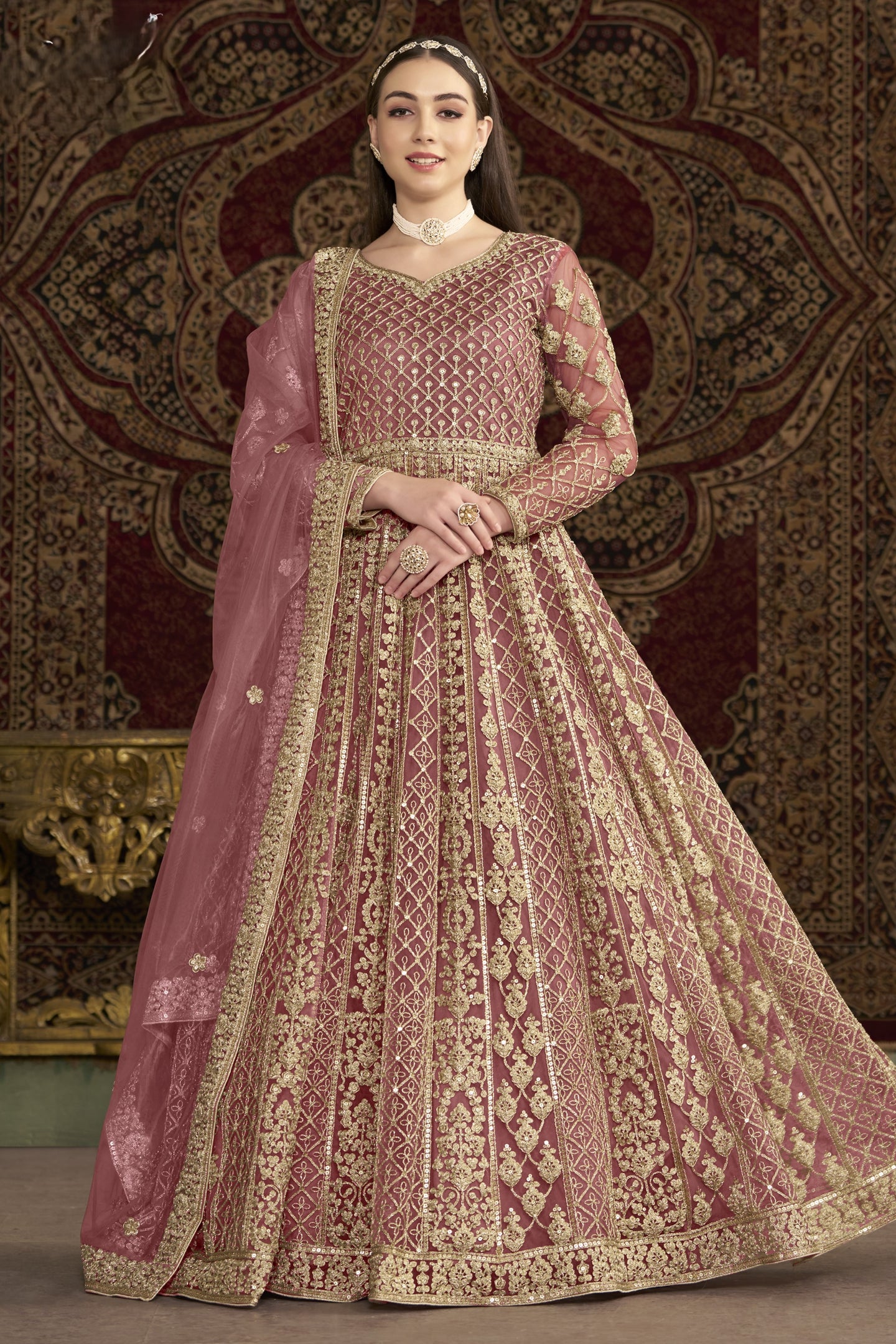 Dark Pink Net Pakistani Anarkali Suit with Sequins and Dori Work