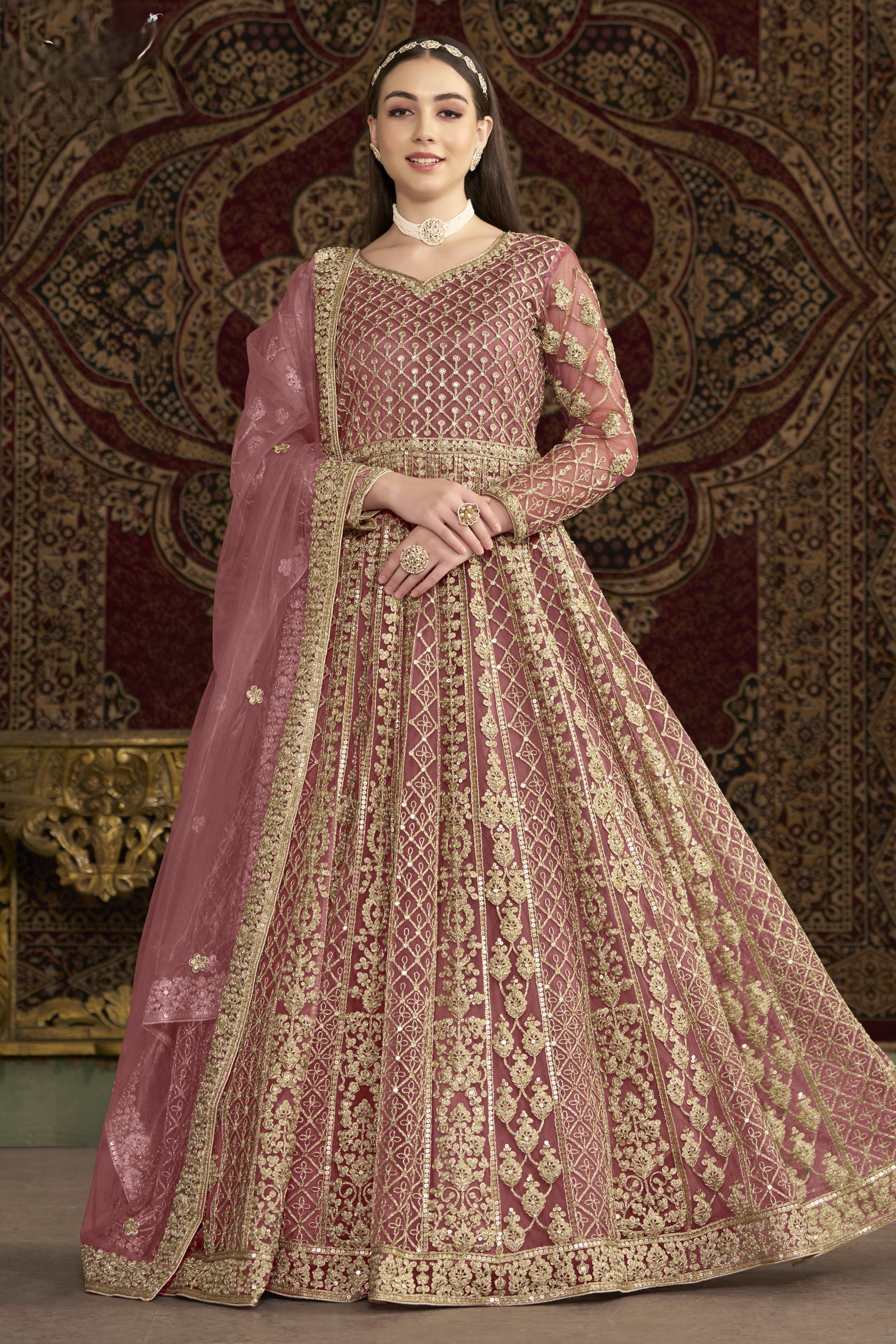 Dark Pink Net Pakistani Anarkali Suit with Sequins and Dori Work
