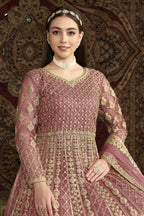 Dark Pink Net Pakistani Anarkali Suit with Sequins and Dori Work