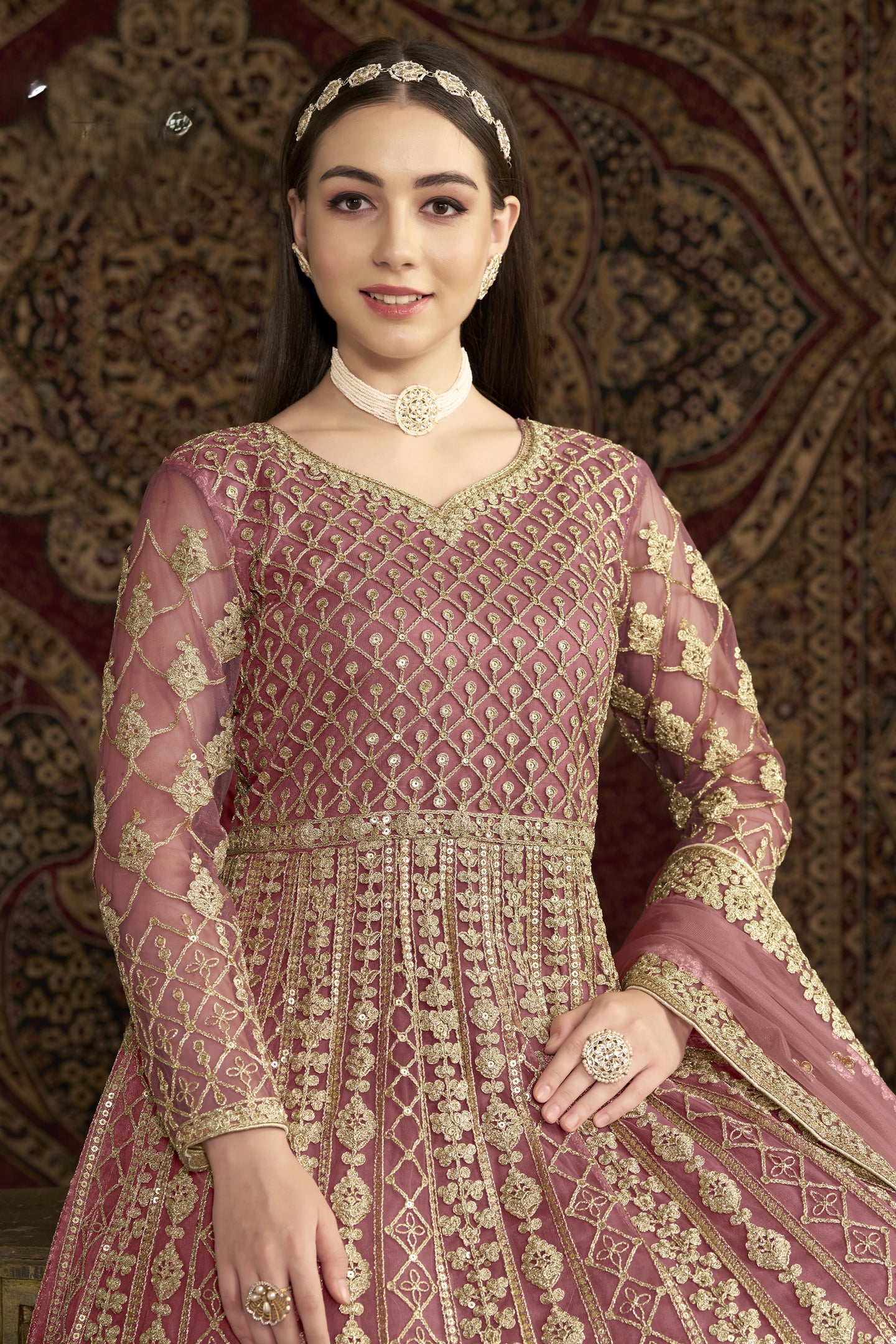 Dark Pink Net Pakistani Anarkali Suit with Sequins and Dori Work