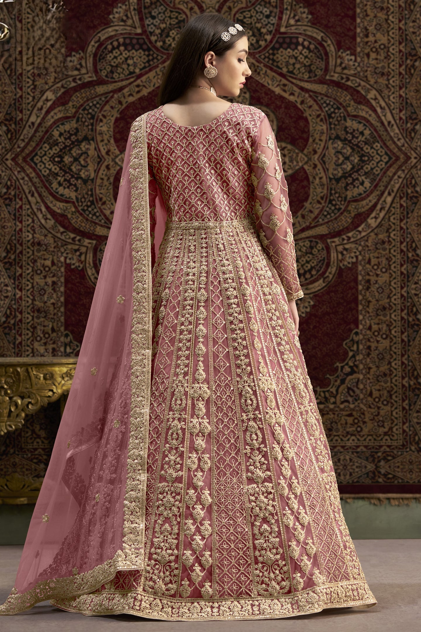Dark Pink Net Pakistani Anarkali Suit with Sequins and Dori Work