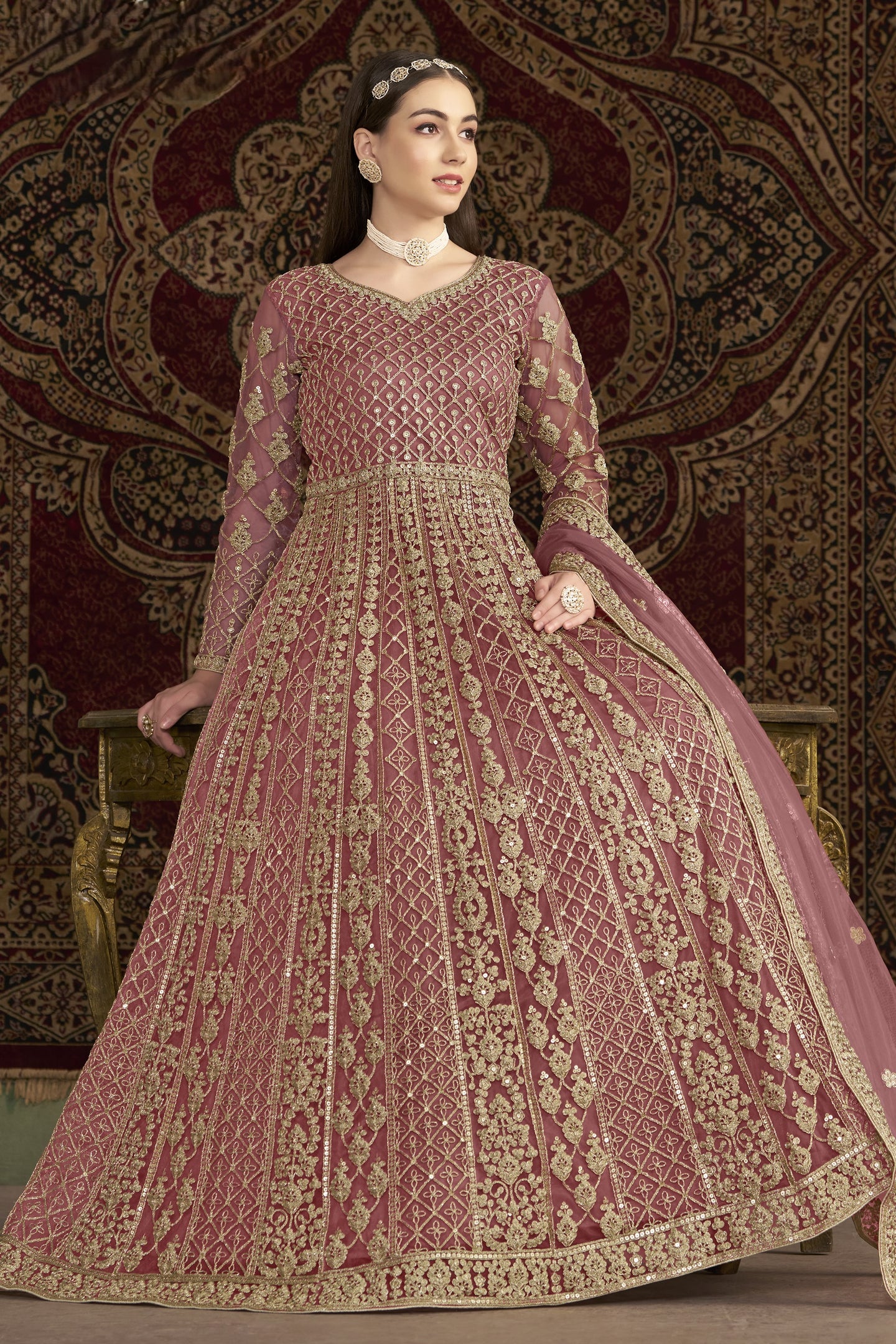 Dark Pink Net Pakistani Anarkali Suit with Sequins and Dori Work