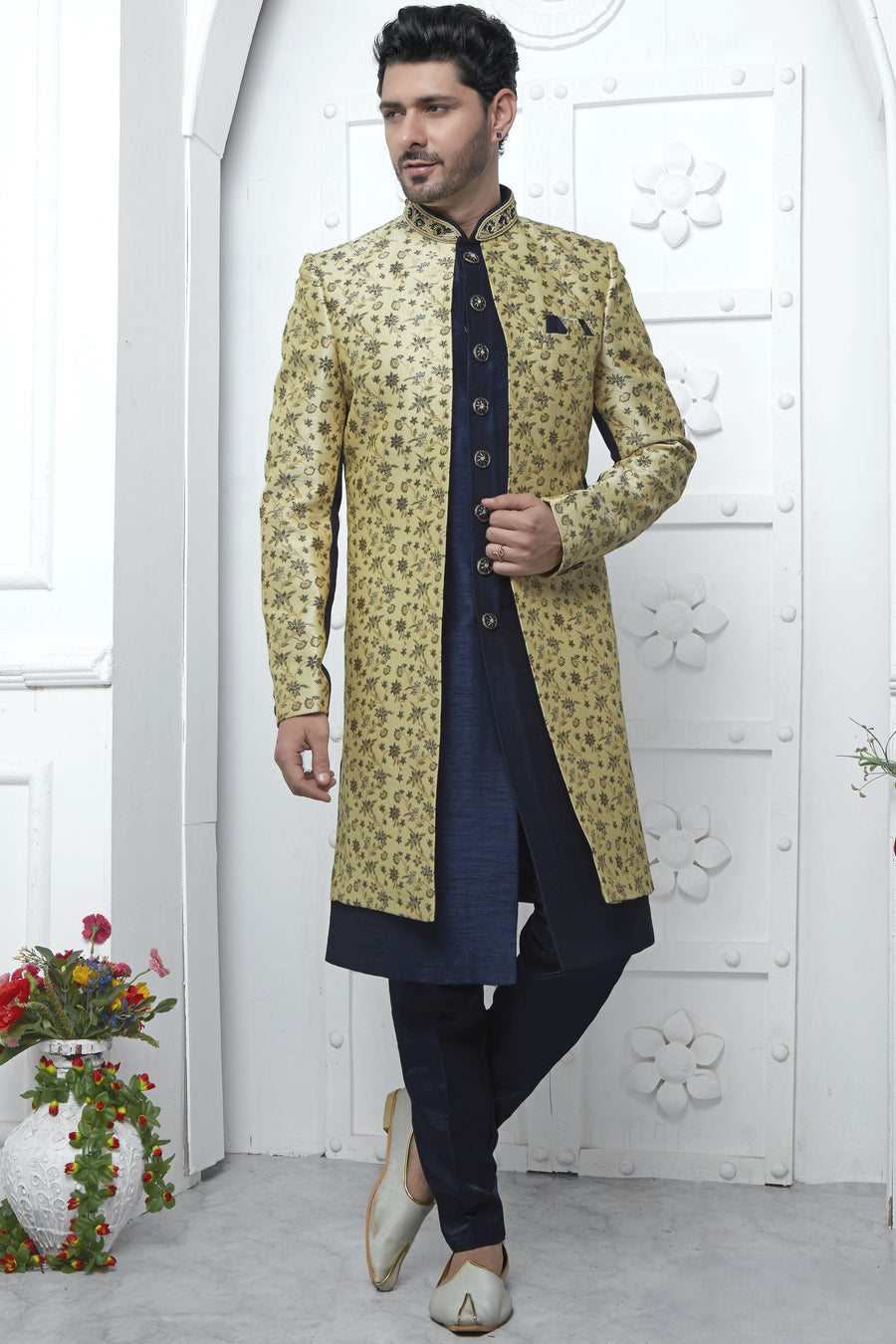 Dark Beige Jacquard Silk Indo Western Suit Long Kurta with Jacket & Pant for Men for Wedding - Jacquard Work