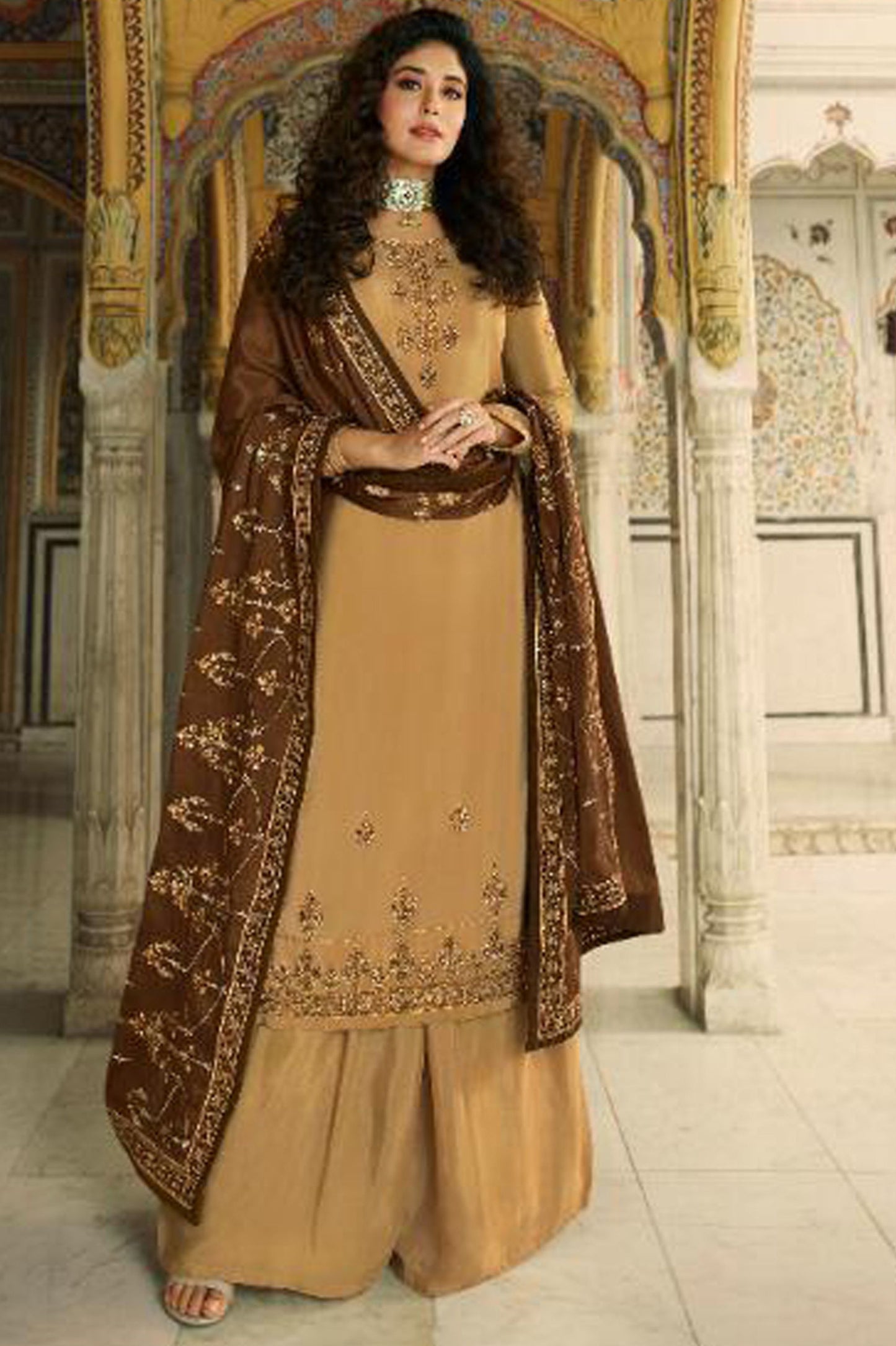 Dark Beige Satin Kameez with Plazzo Suit For Indian Festivals & Pakistani Weddings - Thread Embroidery Work, Sequence Embroidery Work