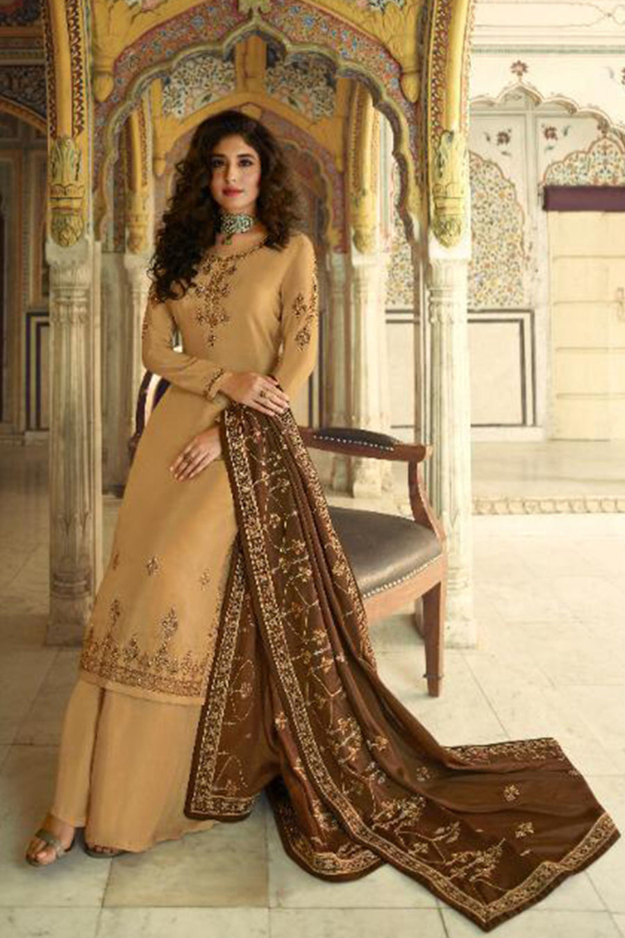 Dark Beige Satin Kameez with Plazzo Suit For Indian Festivals & Pakistani Weddings - Thread Embroidery Work, Sequence Embroidery Work 44 Dark Beige Satin Kameez with Plazzo Suit For Indian Festivals & Pakistani Weddings - Thread Embroidery Work, Sequence Embroidery Work 44