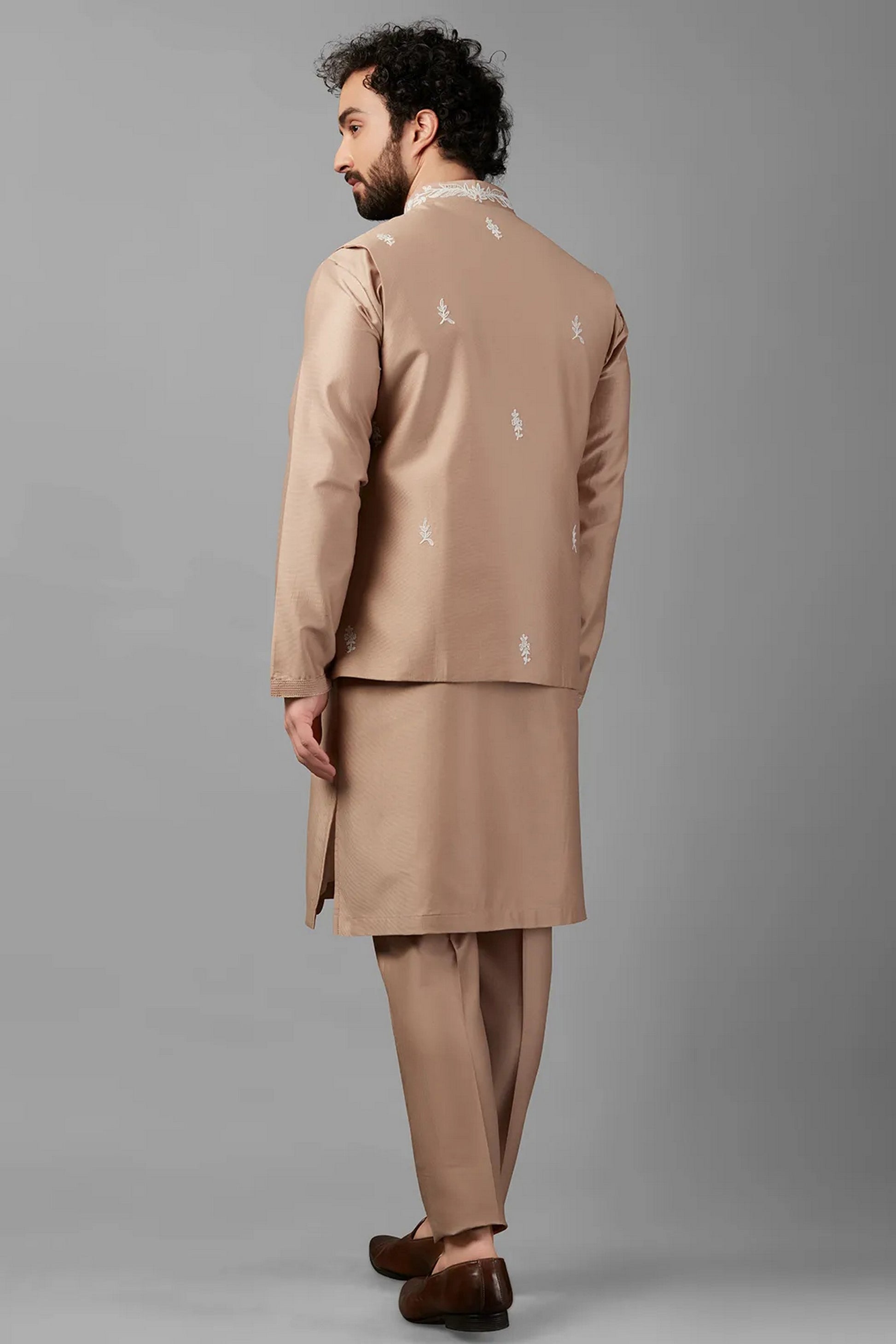 Dark Beige Silk Men's Wedding Suit Waistcoat, Kurta with Pant - Embroidery Work