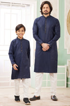 Dark Blue Art Silk Father Son Matching Combo Indo Western Traditional Sherwani Long Kurta & Pajama Suit for Wedding - Embroidery Work