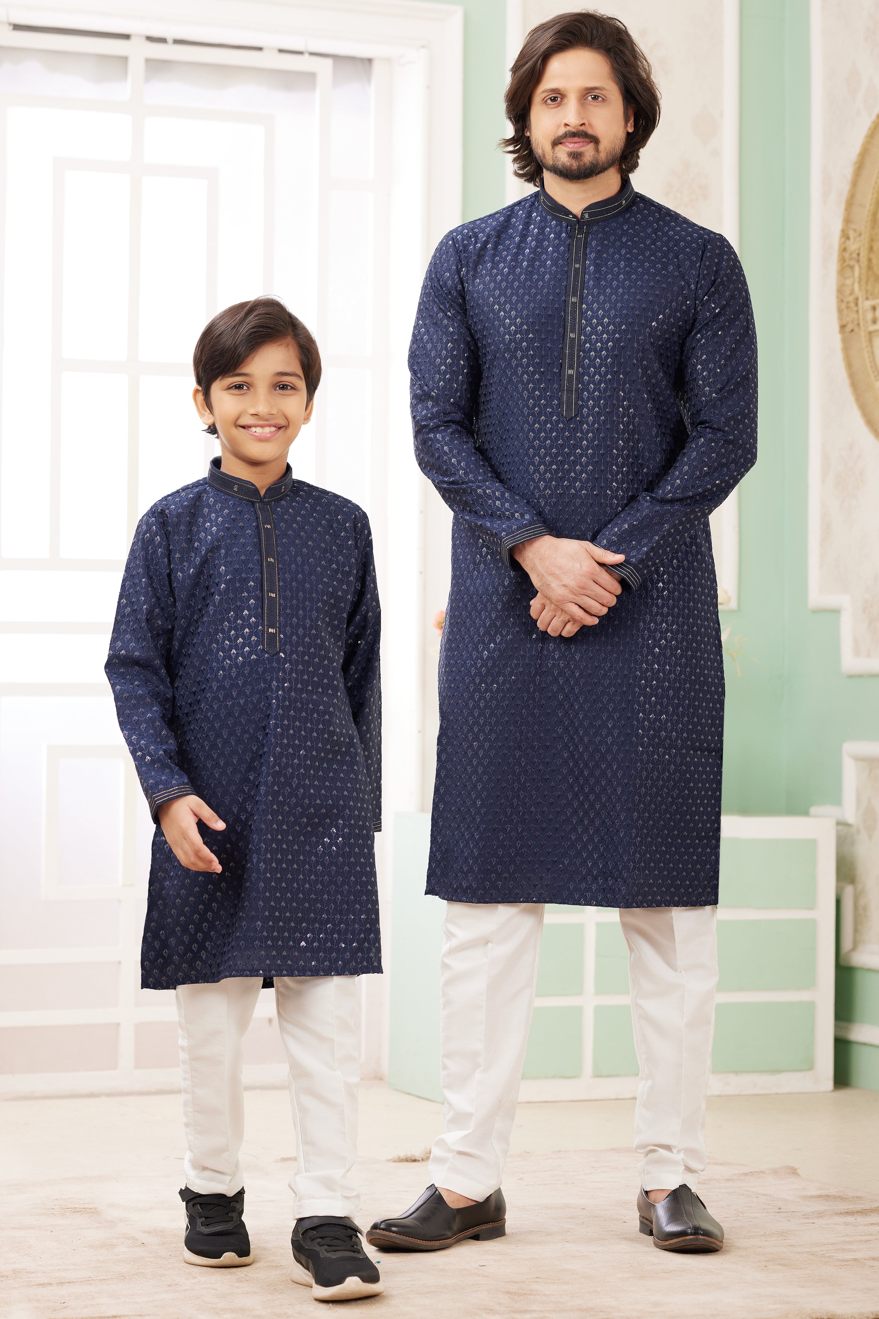 Dark Blue Art Silk Father Son Matching Combo Indo Western Traditional Sherwani Long Kurta & Pajama Suit for Wedding - Embroidery Work