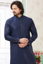 Dark Blue Art Silk Father Son Matching Combo Indo Western Traditional Sherwani Long Kurta & Pajama Suit for Wedding - Embroidery Work