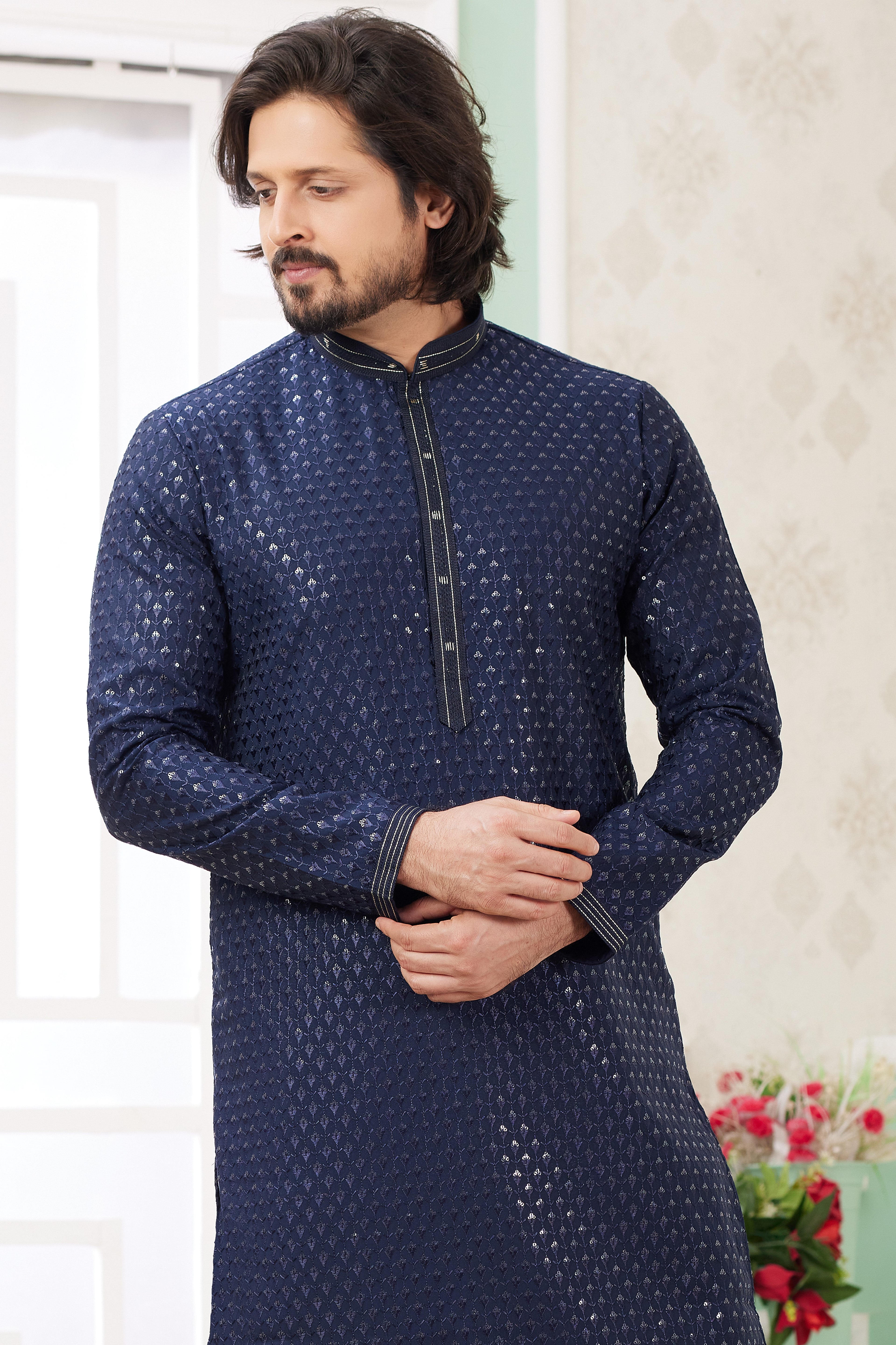 Dark Blue Art Silk Father Son Matching Combo Indo Western Traditional Sherwani Long Kurta & Pajama Suit for Wedding - Embroidery Work