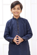 Dark Blue Art Silk Father Son Matching Combo Indo Western Traditional Sherwani Long Kurta & Pajama Suit for Wedding - Embroidery Work