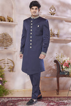 Dark Blue Art Silk Indo Western Traditional Sherwani Long Kurta & Pant Suit for Men for Wedding - Embroidery Work