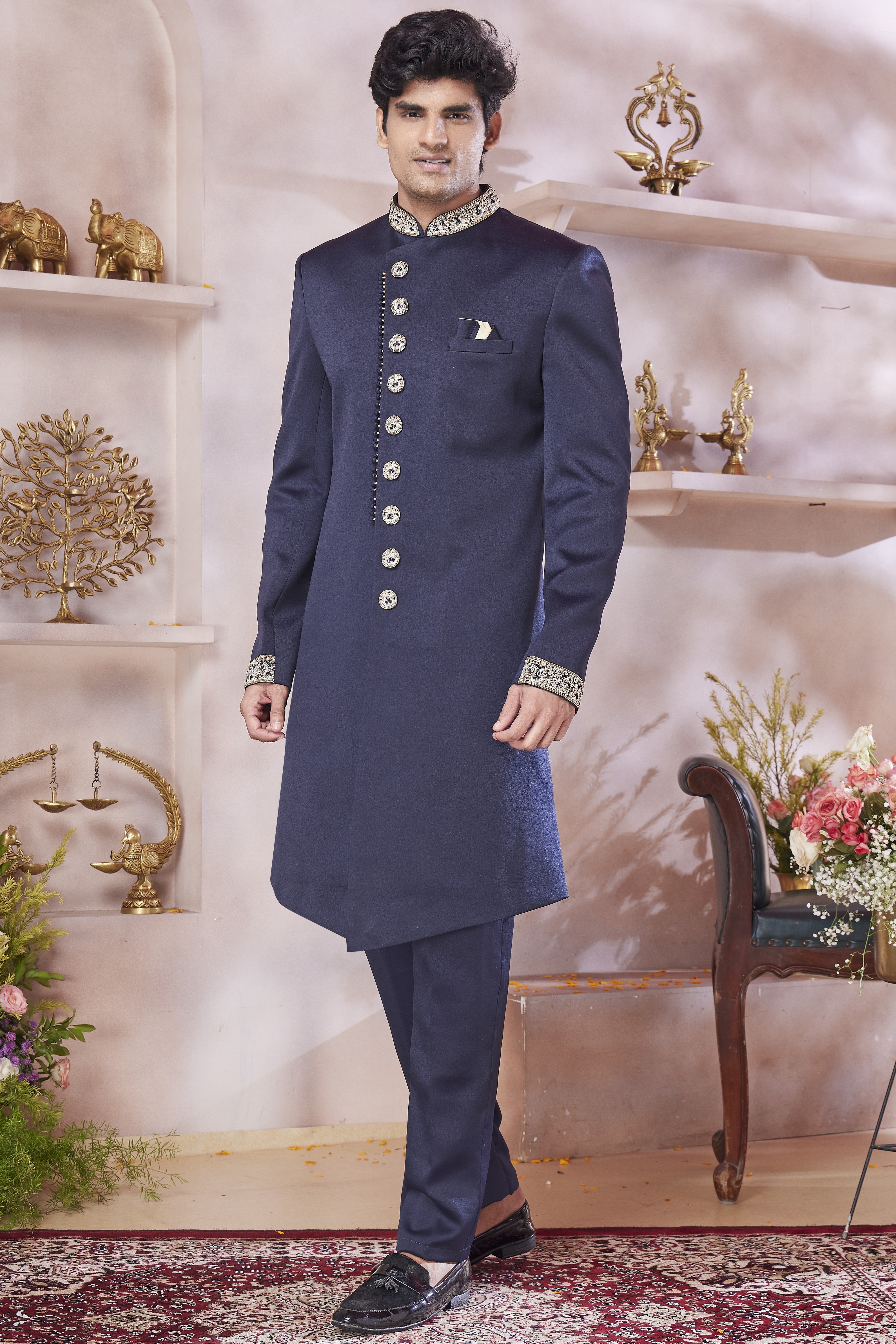 Dark Blue Art Silk Indo Western Traditional Sherwani Long Kurta & Pant Suit for Men for Wedding - Embroidery Work