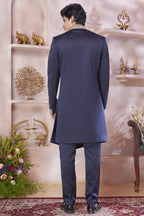 Dark Blue Art Silk Indo Western Traditional Sherwani Long Kurta & Pant Suit for Men for Wedding - Embroidery Work